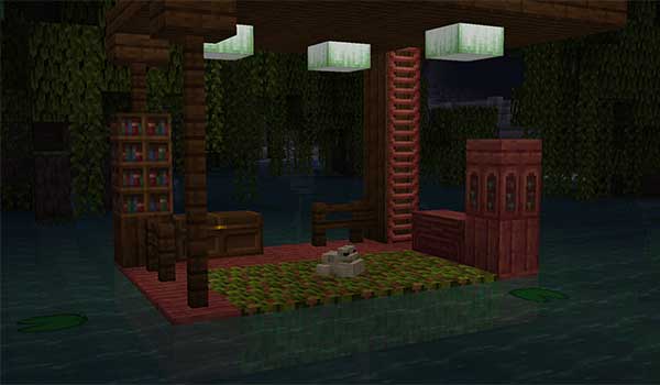 Una imagen donde podemos ver una exposición de bloques y objetos con aspecto de manglar, gracias al mod Woodworks.