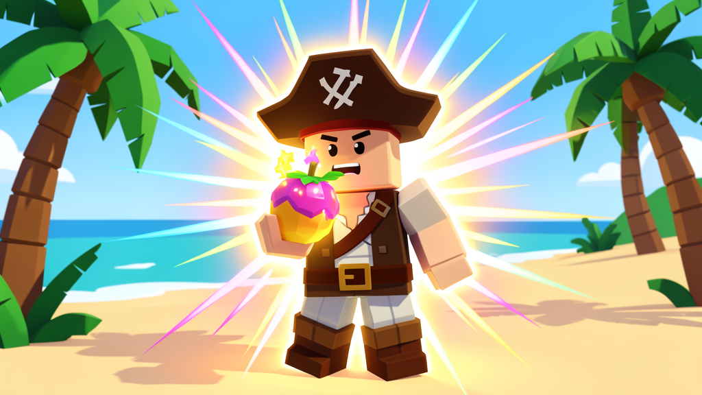 Personaje de Blox Fruits comiendo una fruta mágica