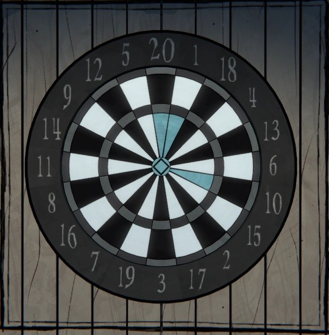 Ejemplo de puzzle de dardos de Blue Prince resuelto (respuesta 13)
