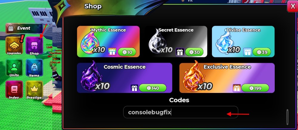 Menú de la Tienda donde se canjean los códigos en Defeat Anime RNG