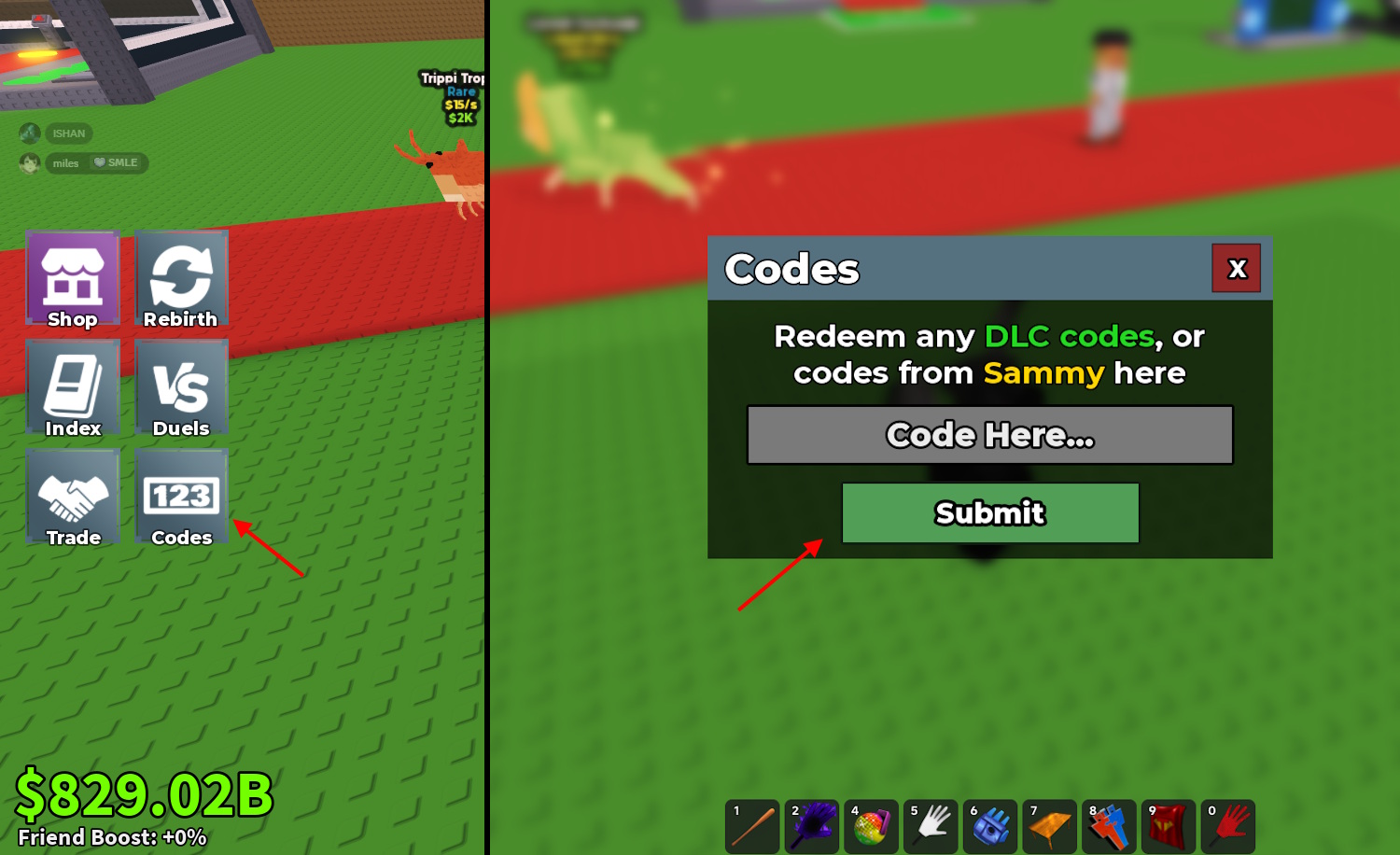 Ventana de códigos de Steal a Brainrot en Roblox